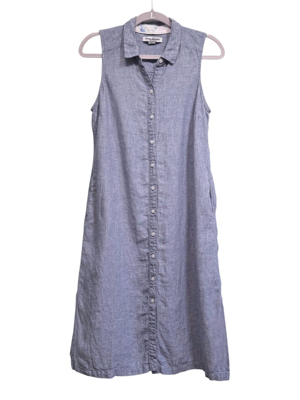 Tommy Bahama 100% linen chambray button front sleeveless midi dress, size small - Picture 2 of 9